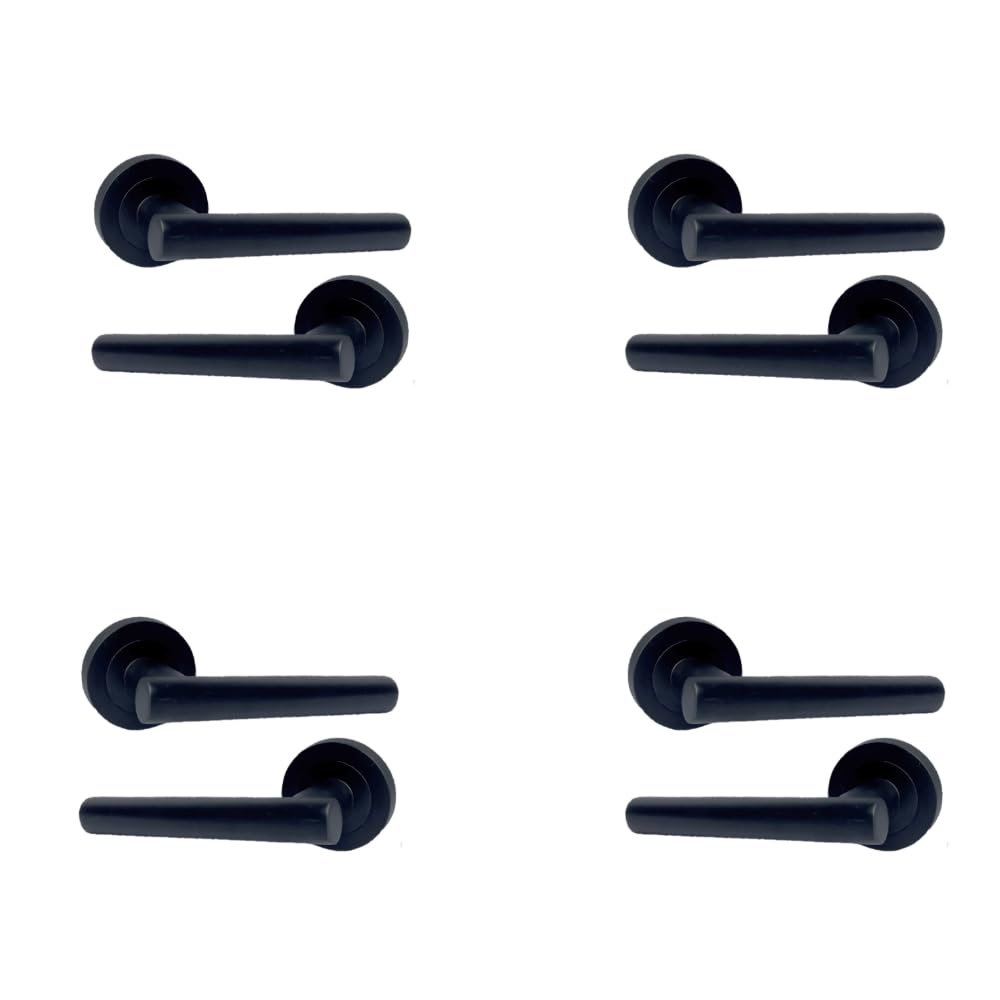 Epsom Door Handle Black Pack Of 4 Matt Door Handles On Rose – 123Mm Lever With 52Mm Round Rose | Modern Interior Handle Sets