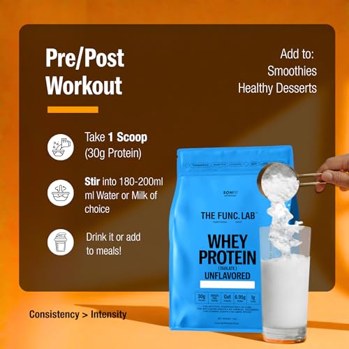 Image of The Func. Lab Whey Protein Isolate - Unflavored | 1 kg | Grass‑Fed, 30g Protein, 6.95g BCAA per Scoop | High Protein Supplement for Muscle Growth, Digestion and Absorption Support
