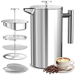 VOSFEEL French Press Cafetiere 8 Cup - 1000ML Stainless Steel Coffee Maker Large Capacity with 3 Level Filtration System, Double Wall Insulation, Easy to Clean