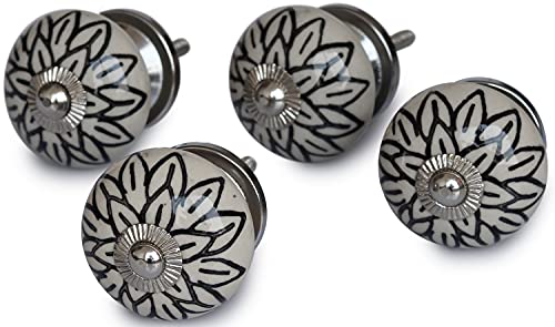 Abhandicrafts - Set Of 4 Ceramic Knobs Hand-Painted Black Floral Round Cabinet Door Knobs Cupboard Drawer Pulls #TOP5