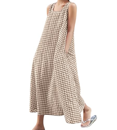 Image of chouyatou Women's Summer Casual Loose-Fit Cotton Plaid Tank Maxi Dress with Pockets Boho Beach Sundress