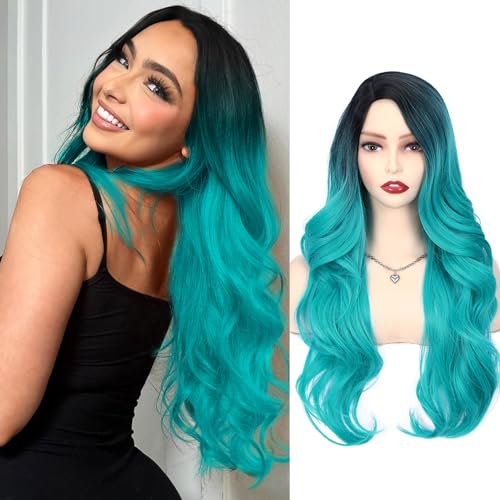 WIGER Long Wavy Wigs Ombre Bluish Green Wigs Long Ombre Teal Blue Curly Wigs Side Part Synthetic Wigs For Women Daily Party Cosplay…