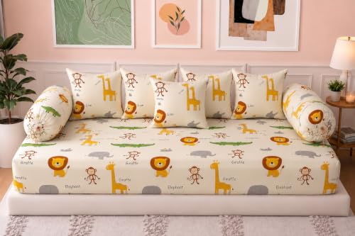 Image of Filymore Cute Animals Kids Diwan Set, 8 Pieces Premium Microfiber Diwan Bedding Set with 1 Single Bedsheet, 5 Cushion Covers & 2 Bolster Covers, Soft & Comfortable Kids Room Bedding Set, White