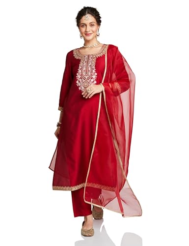 Image of Amazon Brand - Myx Women's Embroidered Kurta Pant Set with Organza Dupatta | Salwar Suit (Available in Plus Sizes)