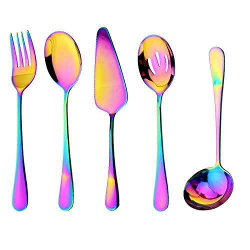 BRIIEC Stainless Steel Flatware Hostess Silverware Serving Set 5pcs,Rainbow Serving Utensil,Include Cake Server, Slotted Serving Spoon, Cold Meat Fork, Soup Ladle, Dishwasher Safe