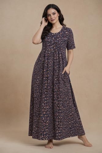 Image of Bahumaan Cotton Nighty for Women Full Length Stylish | Floral Print Cotton Maxi Dress for Women with Pocket | Sleepwear Gown for Women