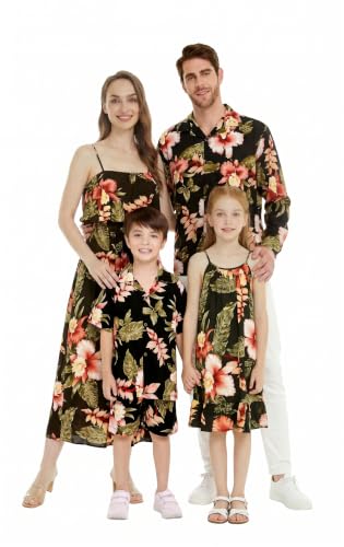 Image of Family Matching Hawaiian Clothes, Black Rafelsia | Lightweight 100% rayon • Family matching outfits • Beach vacations • Luaus • Cruises • Family photos