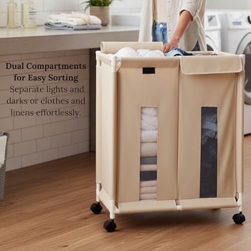 Image of 2-Section Laundry Basket with Wheels | Large 130L Rolling Hamper with Lid Cover | Foldable Oxford Fabric Laundry Organizer for Clothes Sorting | Durable, Dustproof & Portable (Off-White)
