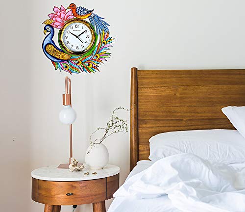 Image of Wooden Handmade Round Vintage Peacock Analog Wall Clock for Home Decor & Living Room