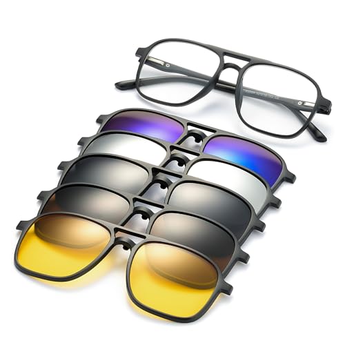 JIM HALO Gafas de sol magnéticas con clip polarizadas de 5 piezas para mujer y hombre Gafas de sol cuadradas clásicas de moda vintage de los años 70 con bisagra de muelle