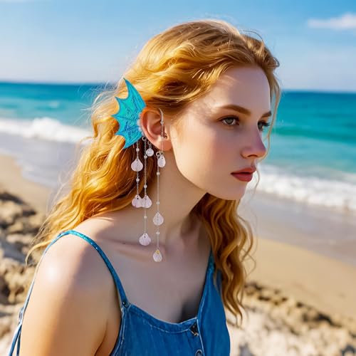 FRESHME Mermaid Elf Ear Cuffs - Fairy Ears Blue No Piercing Elven Ear Clips Wrap with Shell Tassel and Pearl Auricular Fins Dress up Mermaid Renfaire Fantasy Renaissance Cosplay Costume Accessorie2
