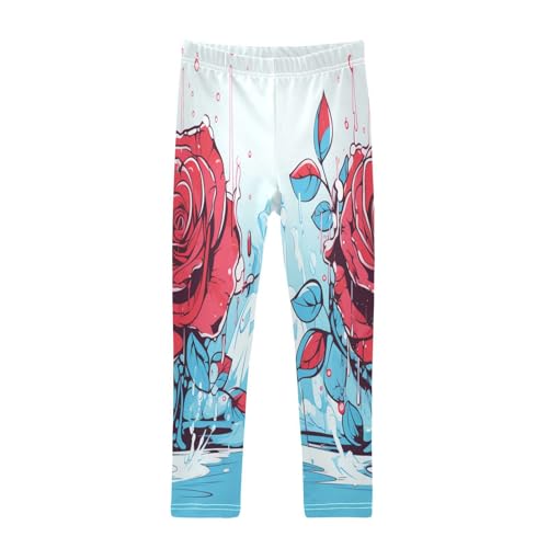Bolaz Toddler Girls Leggings Printed Yoga Pants Leggings Blue Leaves Red Rose for Kids