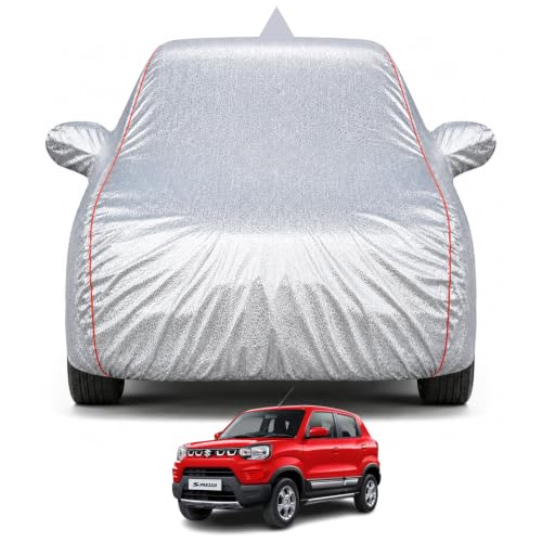 Image of Premium Car Cover for Maruti Suzuki S-Presso 2019-2026 Models | Waterproof, UV & Dust Protection | Mirror & Antenna Pocket | Triple Stitched, Soft Inner Lining | Belt & Buckle (Metalic Silver)