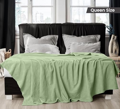 Utopia Bedding Sage Green 100% Cotton Blanket [Queen Size - 90x90 Inch] 350GSM Lightweight, Soft and Breathable Thermal Blanket for All Seasons