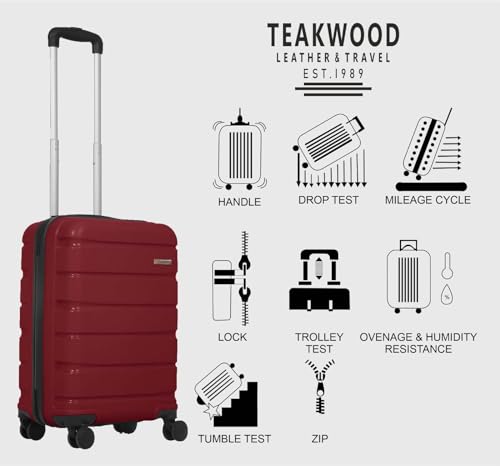 Image of Teakwood Unisex Trolley Bag, Hard Side Cabin, Lock System 360 Degree 8 Wheel Suitcase (S, Maroon)
