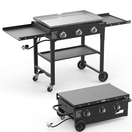ADREAK 3 Burner Foldable Gas Griddle, 32 Inch Stainless Steel Portable Detachable Propane Griddle, 45,000 BTU Flat Top Barbecue Grill with Side Shelves for Camping