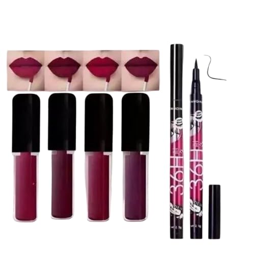 makeup set: 4 vibrant long-lasting matte liquid lipsticks and 36h precision waterproof black sketch eyeliner for dramatic eye definition