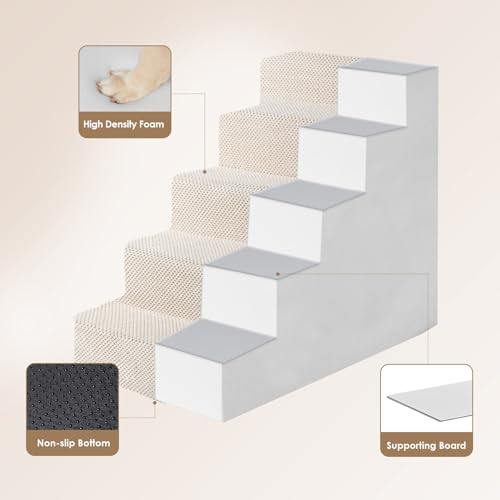 Image of EHEYCIGA Dog Stairs for High Bed 22.5 inch H, 5-Step Dog Steps for Bed, Pet Steps for Small Dogs and Cats, Non-Slip Balanced Pet Ramp Indoor, Beige