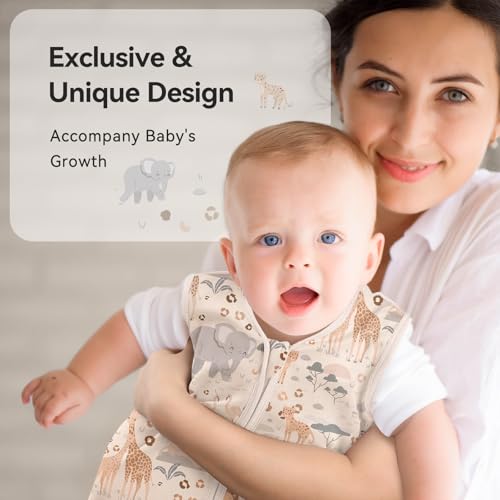 Image of Baby Sleep Sack 6-12 Months 0.5 Tog Wearable Blanket Baby, 3 Pack 100% Cotton Lightweight Sleeping Sack with 2-Way Zipper for Newborn Infant Apricot Gray Green Elephant