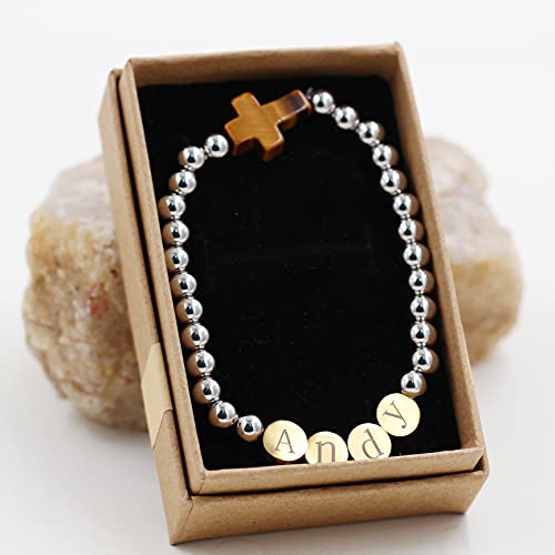 Image of Uloveido Black Agate Side Cross Bracelet Mustard Seed Charms, Personalized Letter A-Z Tiger's Eye Bangle Y944