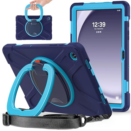 Coque Samsung Galaxy Tab A9 Plus 11" antichoc enfant bleue avec support rotatif et bandoulière