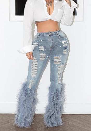 Unybwonn Women Ripped Pearl Bell Bottom Jeans Feather Fluffy Straight Leg Stretch Distressed Flared Denim Pants3