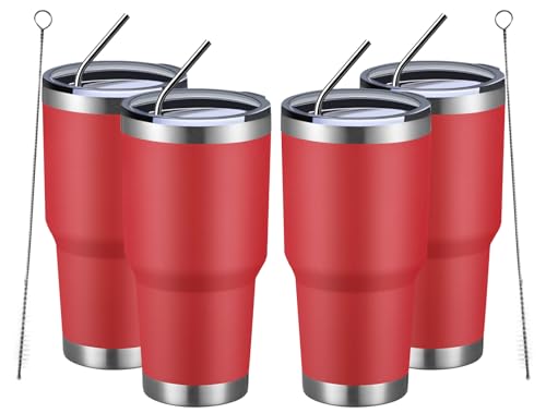 Image of MEWAY 30oz Insulated Tumbler With Lids and Straws,Stainless Steel Double Vacuum Coffee Tumbler Cup, Brush, Durable Powder Coated Coffee Cup for Cold & Hot Drinks, Office, Travel(Coral red,4 PACK)