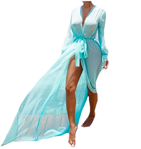 DressU Saída de praia feminina clássica de mangas longas com protetor solar, Azul, Large