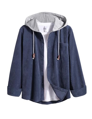 ELESOL Men's Long Sleeve Button Down Casual Stylish Hooded Shacket Jacket with Pocket Corduroy Shirt Jackets