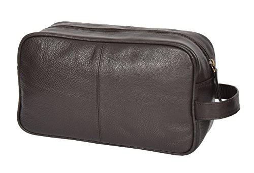 Wash Leather Bag for Mens Travel Toiletry Shaving Kit Wrist Leather Bag A98 Brown, Brown, M, Toiletry Travel Bag