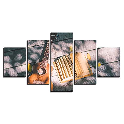 ZXYJJBCL Ukelele Y Libro sobre La Mesa Cuadro De Arte De Pared para Decoracin del Hogar 5 Piezas Pinturas para Sala De Estar Dormitorio Decoracin del Hogar