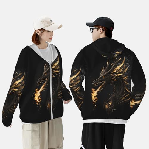 VOSERY Black and Gold Fire Dragon Sun Protection Zip Up Hoodie Jacket Lightweight Long Sleeve Sun Shirt for Women Men2