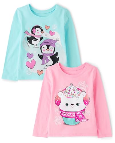 The Children's Place,Baby Girls,and Toddler Assorted Everyday Long Sleeve Graphic T-Shirts,Multipacks,Penguins/Cupcake Bear 2-Pack,4 Years