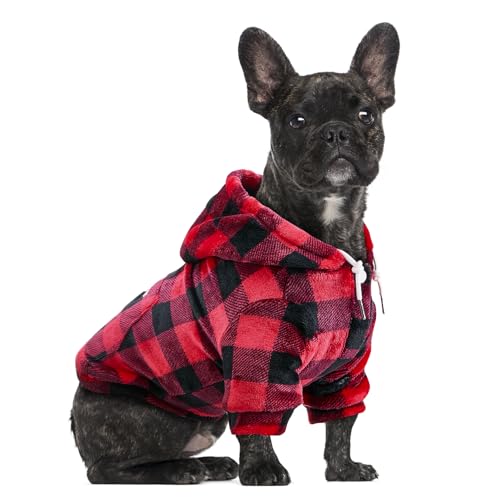 Eyein Hundehoodie für kleine mittlere und große Hunde, Warmer Flanell Hunde Kapuzenpulli mit Taschen und Leine Portal, Weiche Hundebekleidung für Frühling Herbst Winter (Rot-Schwarz Kariert, L)