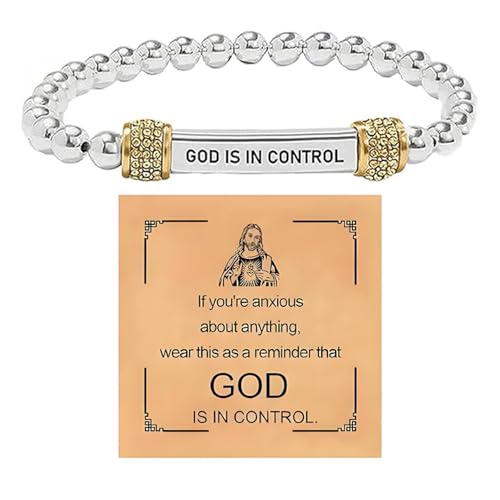 God Is In Control Dainty CZ Beaded Stretch Bracelet, Motivational Stainless Steel Engraving Tube Bracelets Inspirational Chain Crystal Energy Faith Jewelry for Women Men
