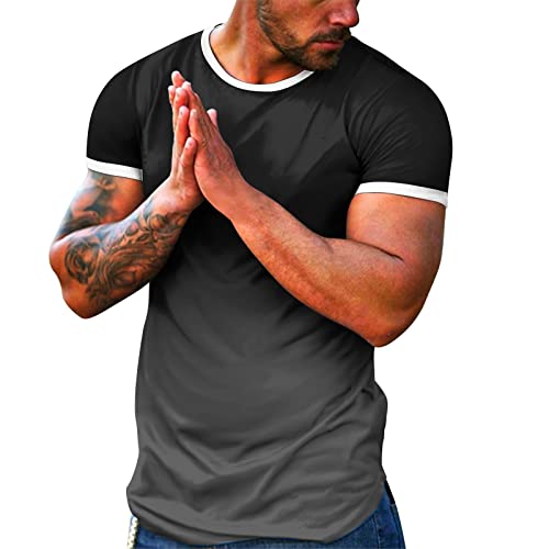 Mens Spring Summer T Shirt Casual Sports Colorblock Gradient Round Neck Pullover Short Sleeve Tee Shirt Grey #TOP16