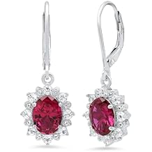 925 Sterling Silver Halo Sunburst Gemstone Oval Dangle Earrings for Women 8x6mm Birthstone with Leverback White Topaz Accent Stones by MAX + STONE