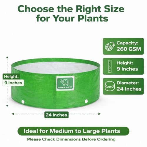Image of GREENSHEEP HDPE Grow Bag Heavy Duty 260 GSM Round Plants Flower Growing Bags Floor Standing Mount Type for Home Garden Balcony Terrace Kitchen Nursery (Green, 24x9 inch, Pack of 5)