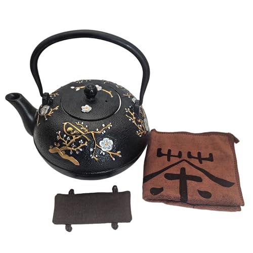 Image of Cast Iron Teapot SECHUDO Teapot for Stovetop Safe Coated with Enameled Interior,Japanese Beautiful Tea Kettle with Stainless Steel Infuser for Loose Tea (60.9oz Plum Blossoms and Bird Pattern)