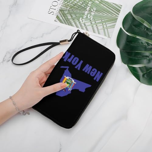 New York Map Flag U.S.A Women's Leather Clutch Wallet with Zip Card Holder Hand Strap Large Capacity4