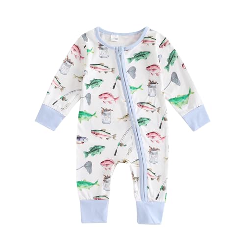 Image of Ysfanwuxi Newborn Baby Girl Boy Fishing Outfit Fish Print Long Sleeve Romper Zipper Jumpsuit Infant Coming Home Clothes