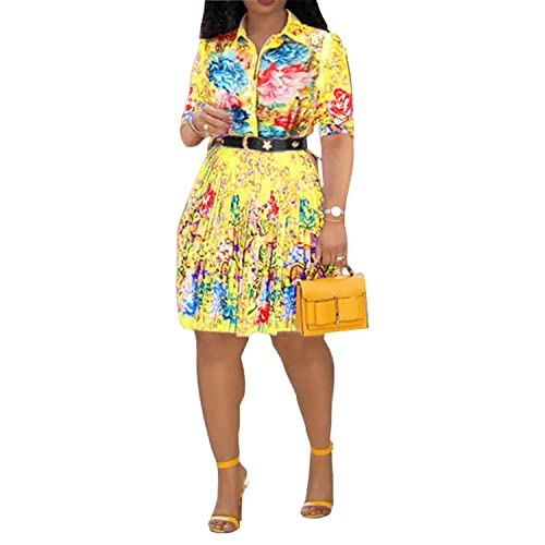 VERWIN Revers Dreiviertelärmel Knielang Plissee Floral Damen Etuikleid, Gelbe Kurze Ärmel, X-Groß