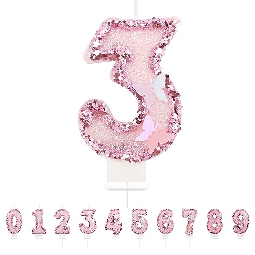 Velas de Cumpleaños 3D de Mariposa Con Números 3, Rosas - Decoración para Tartas y Cumpleaños