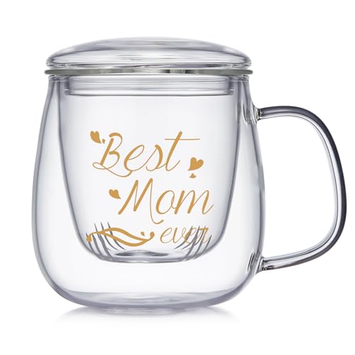Glass Tea Cup 17.6oz, “Best Mom Ever” Mothers Day Cup with Gift Box, Gifts Mug for Mom, Glass Mug Teacup, Tea Cups for Mom Birthday, Perfect for Grandma & Daughter.