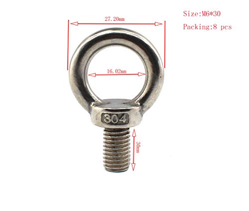Image of 304 stainless steel M6 lifting rigging eyebolt ring Shaped with lengthened thread(30mm) pack of 8 pcs