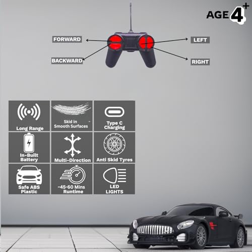 Image of RC Car for Kids | High-Speed Remote Control Car | Rechargeable Lithium Battery | Type-C Charging Port | LED Front Lights | Black