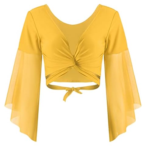 TiaoBug Damen Bauchtanz Kostüm Oberteil Langarm Spitzen Trompetenärmel Jäckchen Binden Top Knoten Shirts Bluse mit Münze Quasten Gelb D Einheitsgröße Cover