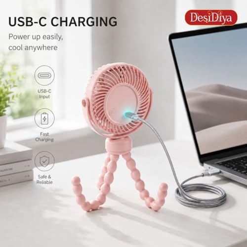 Image of Desidiya Rechargeable Mini Fan with Flexible Tripod, USB-C, Pink | 4000mAh rechargeable mini fan with flexible tripod, USB-C charging and 3 speed cooling for home & travel.
