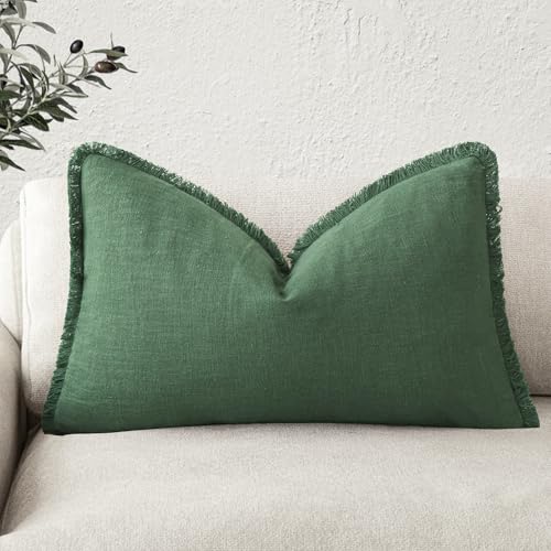 Image of Foindtower Decorative Linen Fringe Lumbar Throw Pillow Covers Cozy Boho Farmhouse Cushion Cover with Tassel Soft Accent Pillowcase for Sofa Bed Living Room Home Decor, 12x20 Inch,1PC,Pine Green