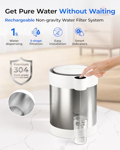 Image of Waterdrop ED21W Rechargeable Non-Gravity Water Filter System, 5-Stage Stainless Steel Countertop Filtration, Reduce 70+ Contaminants, Lead, Chlorine and Cadmium, 22-Cup